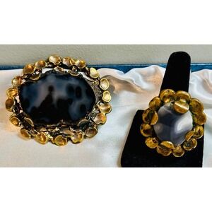 Vtg Pentti Sarpaneva Finland Brutalist Bronze Sliced Agate Brooch Pendant & Ring